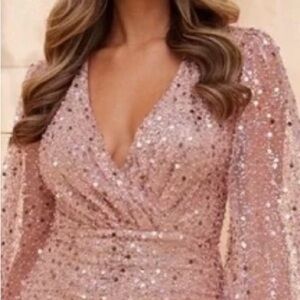NADINE MERABI Pink Sequin Wrap Gown with Bishop Sleeves